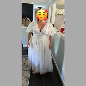 White Puffy Sleeve Dress Dotted Tulle V Neck